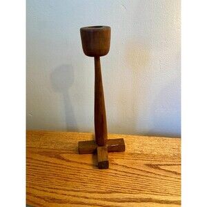 Mid Century Modern Wood Candlestick Holder Danish Pillar Round Dark Scandinavian